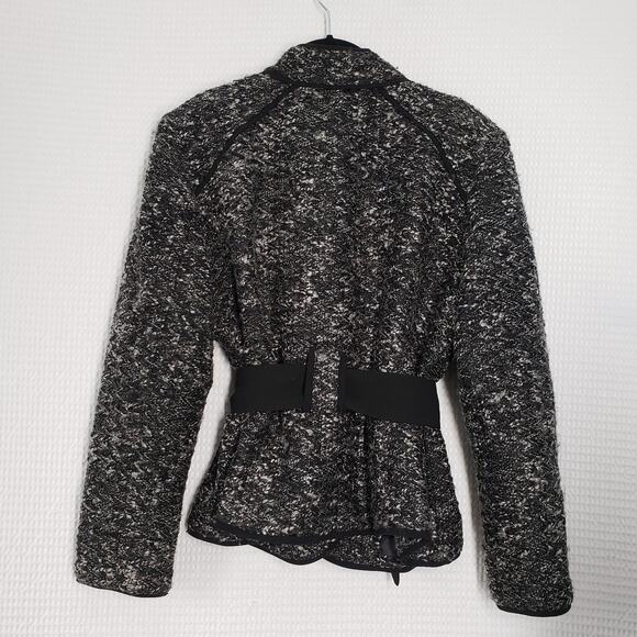 Sandro Sportswear Tweed Belted Boucle Jacket Womens XL Petite Black White Blazer - Picture 2 of 16